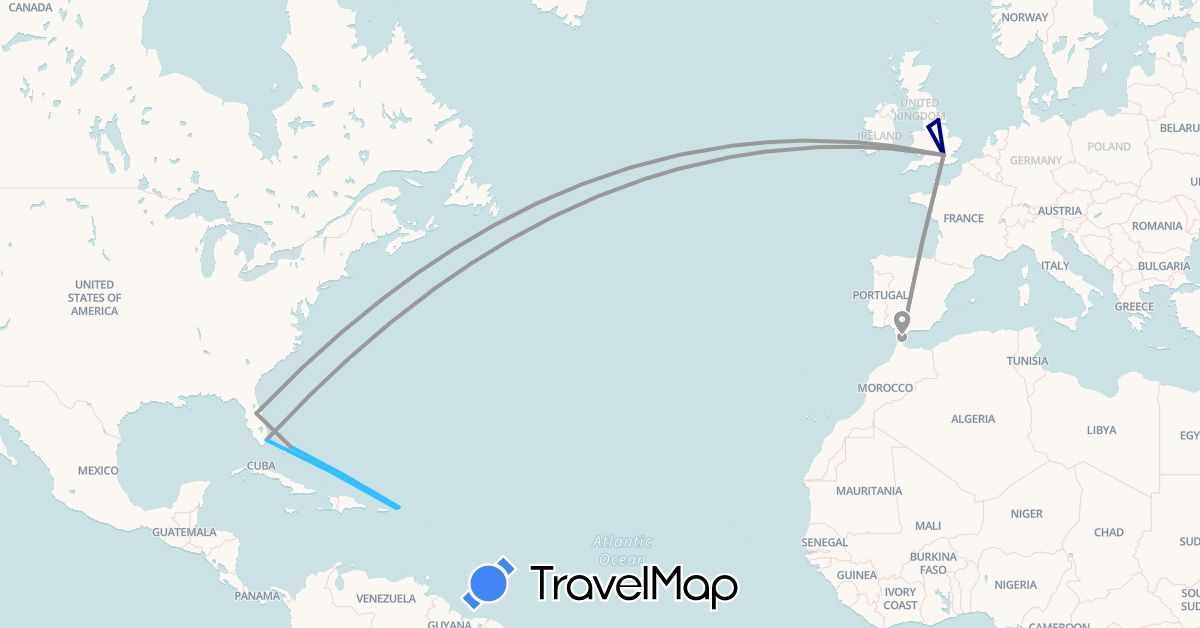 TravelMap itinerary: driving, plane, boat in Bahamas, United Kingdom, Gibraltar, United States, British Virgin Islands, U.S. Virgin Islands (Europe, North America)